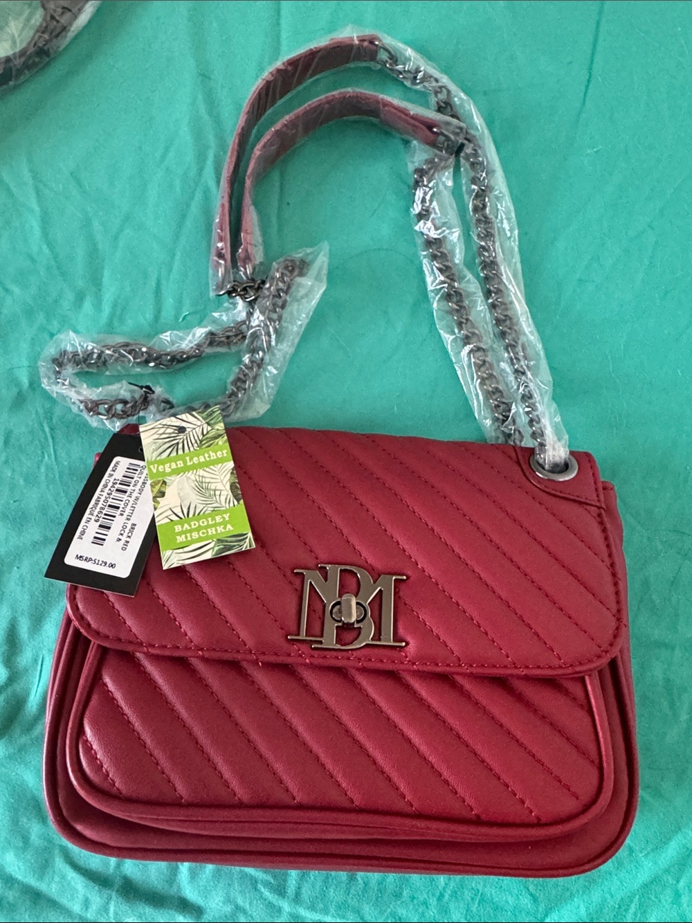 Badgley Mischka Quilted Red Vegan Leather Crossbody with Chain Strap